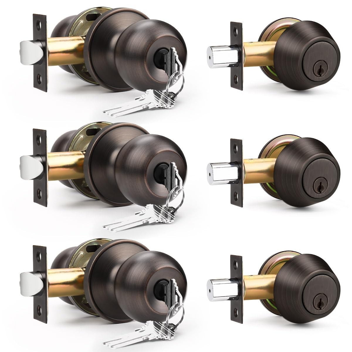 3 Pack Entry Knob & Deadbolt Set, Oil Rubbed Bronze, Keyed Alike, Exterior
