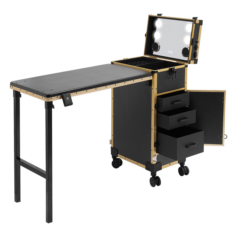 Rolling Makeup Case with Mirror Light Bluetooth Speaker Black Gold Trim Lockable