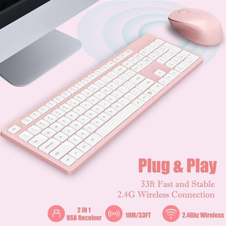 LeadsaiL Wireless Keyboard & Mouse Combo, Full-Sized Ergonomic, 2.4Ghz, Pink