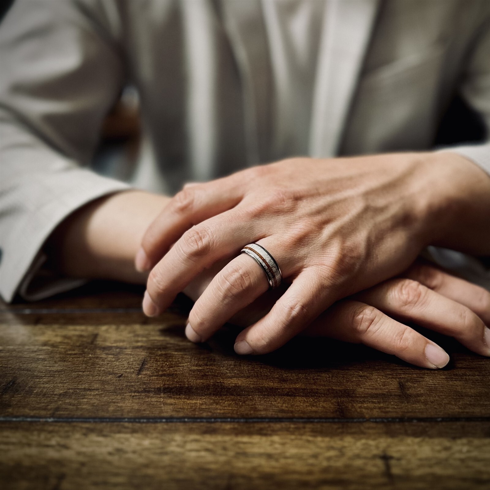 Engraved 8mm Tungsten Men's Deer Antler Hawaiian Koa Wood Wedding Band Ring