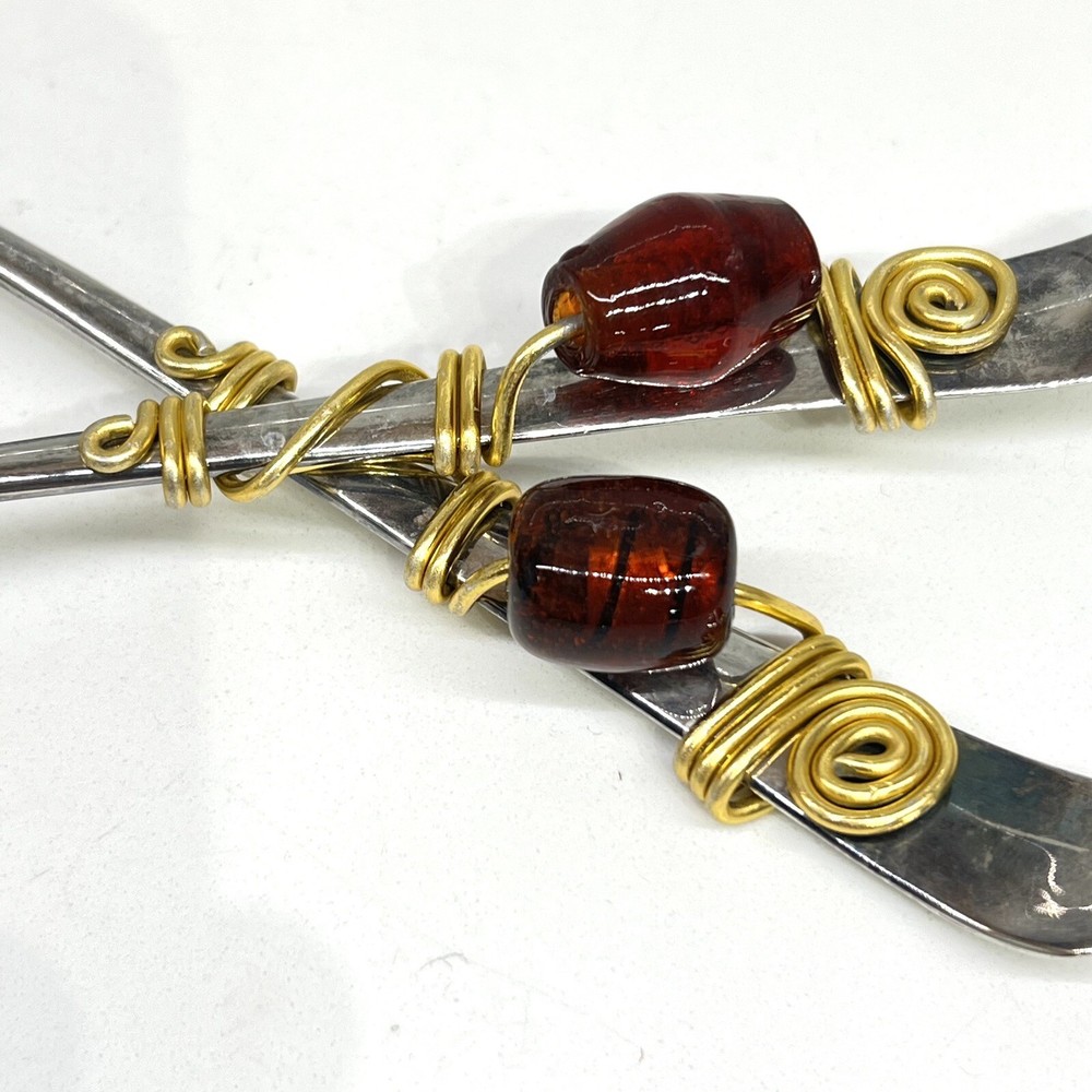 Decorative Serving Spoon & Fork Silver Plated w/ Wire Wrapped Stone Vintage