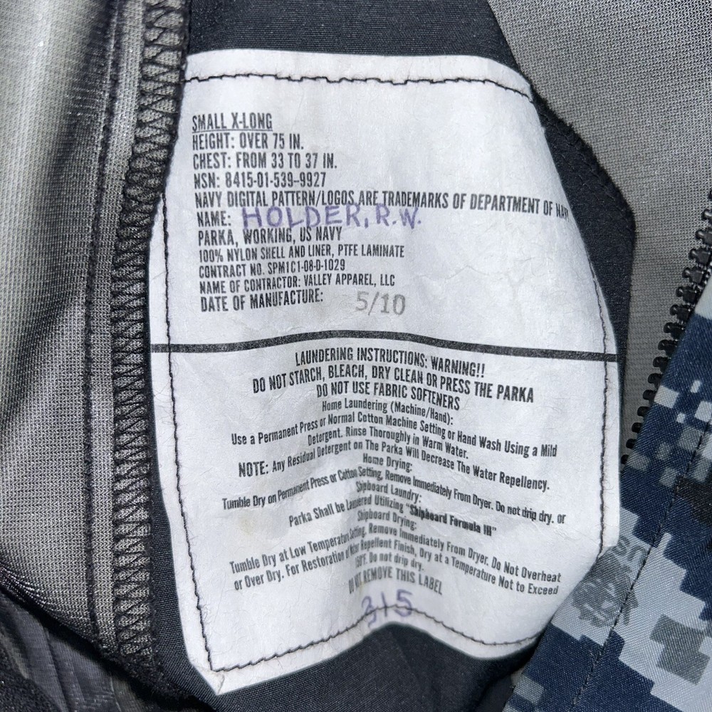 US Navy Working Parka Digital Camo Jacket Size Small X-Long