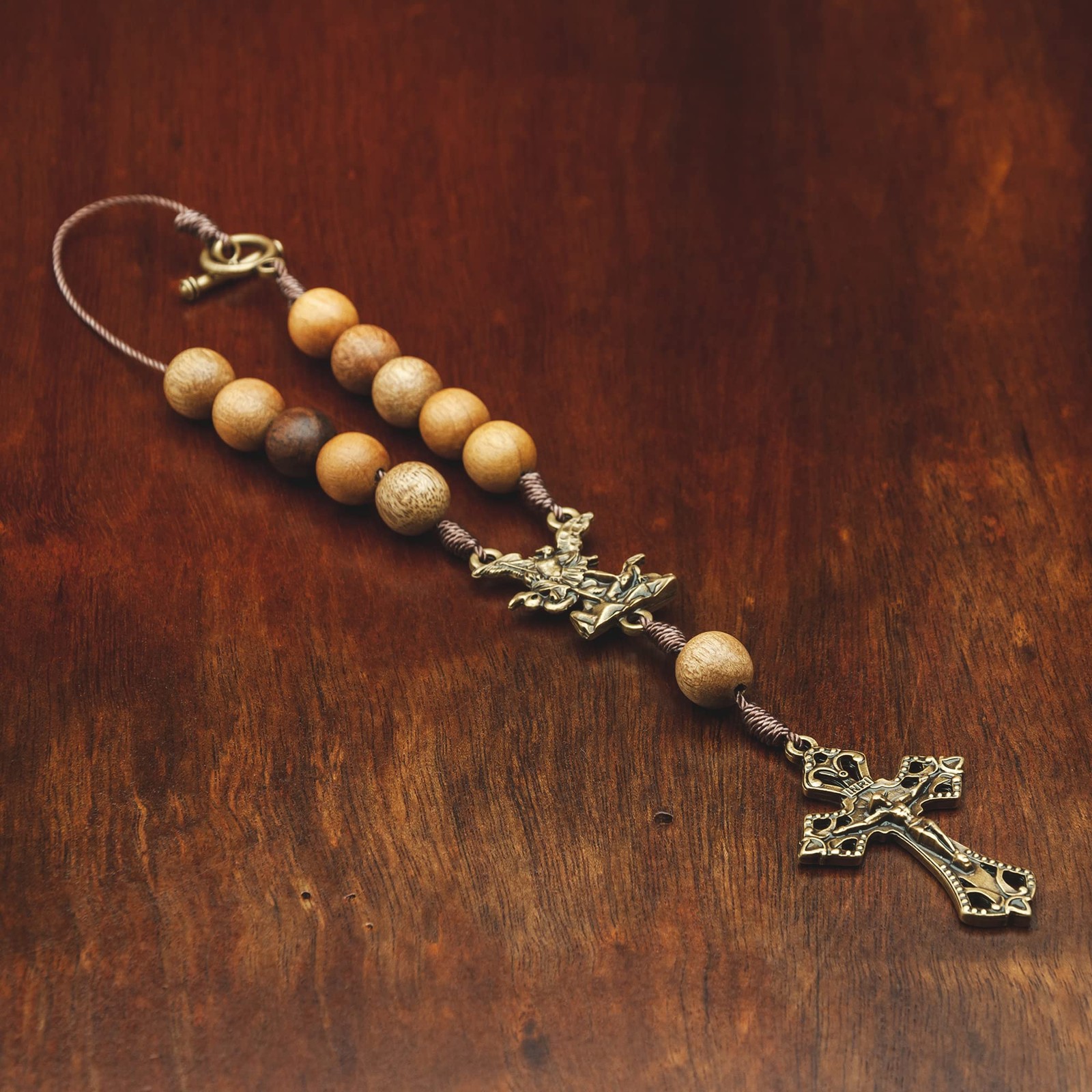 St. Michael Car Rearview Mirror Rosary (Wood)