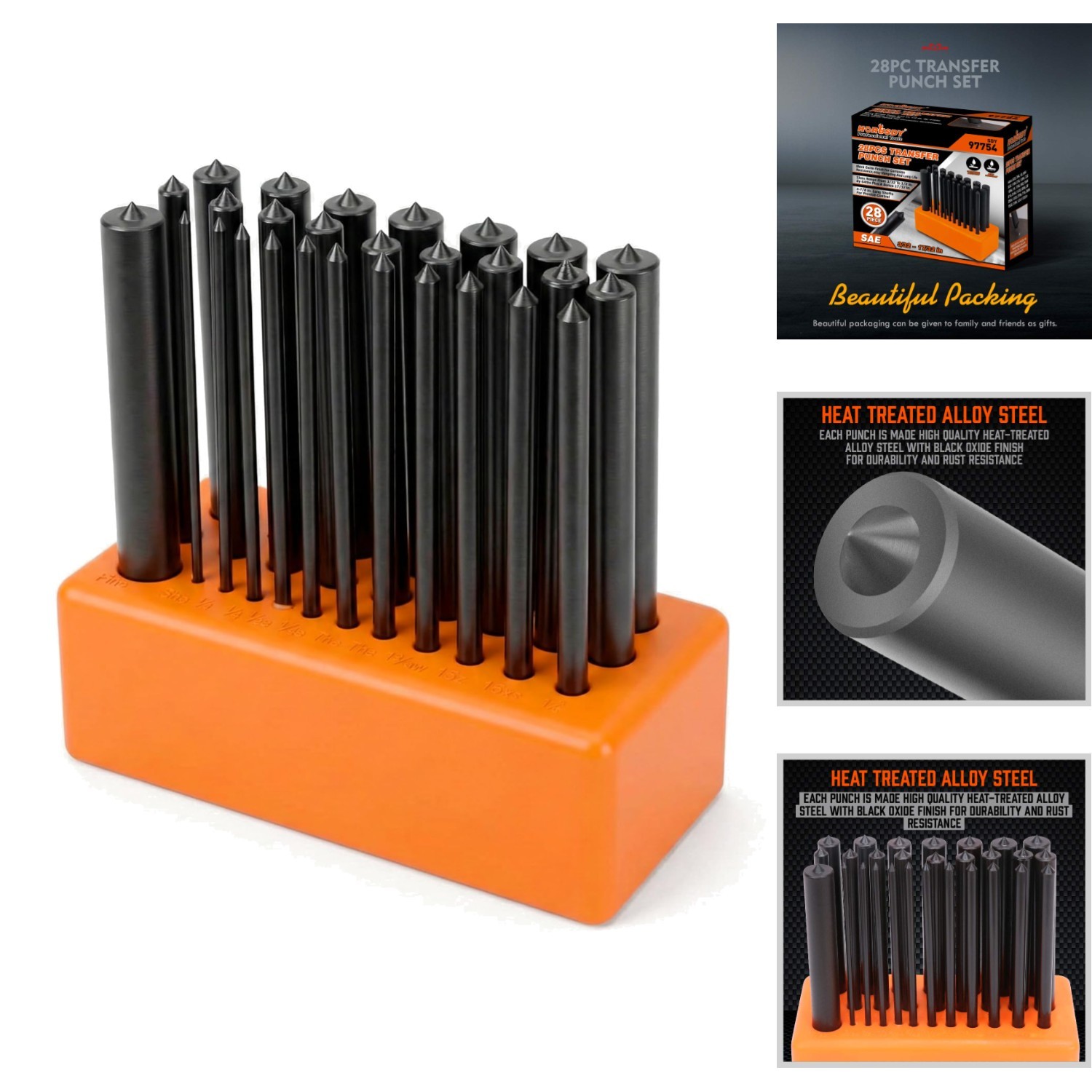 28-Piece Transfer Punch Set 3/32" to 1/2" Heat Treated Alloy Steel Index Stand
