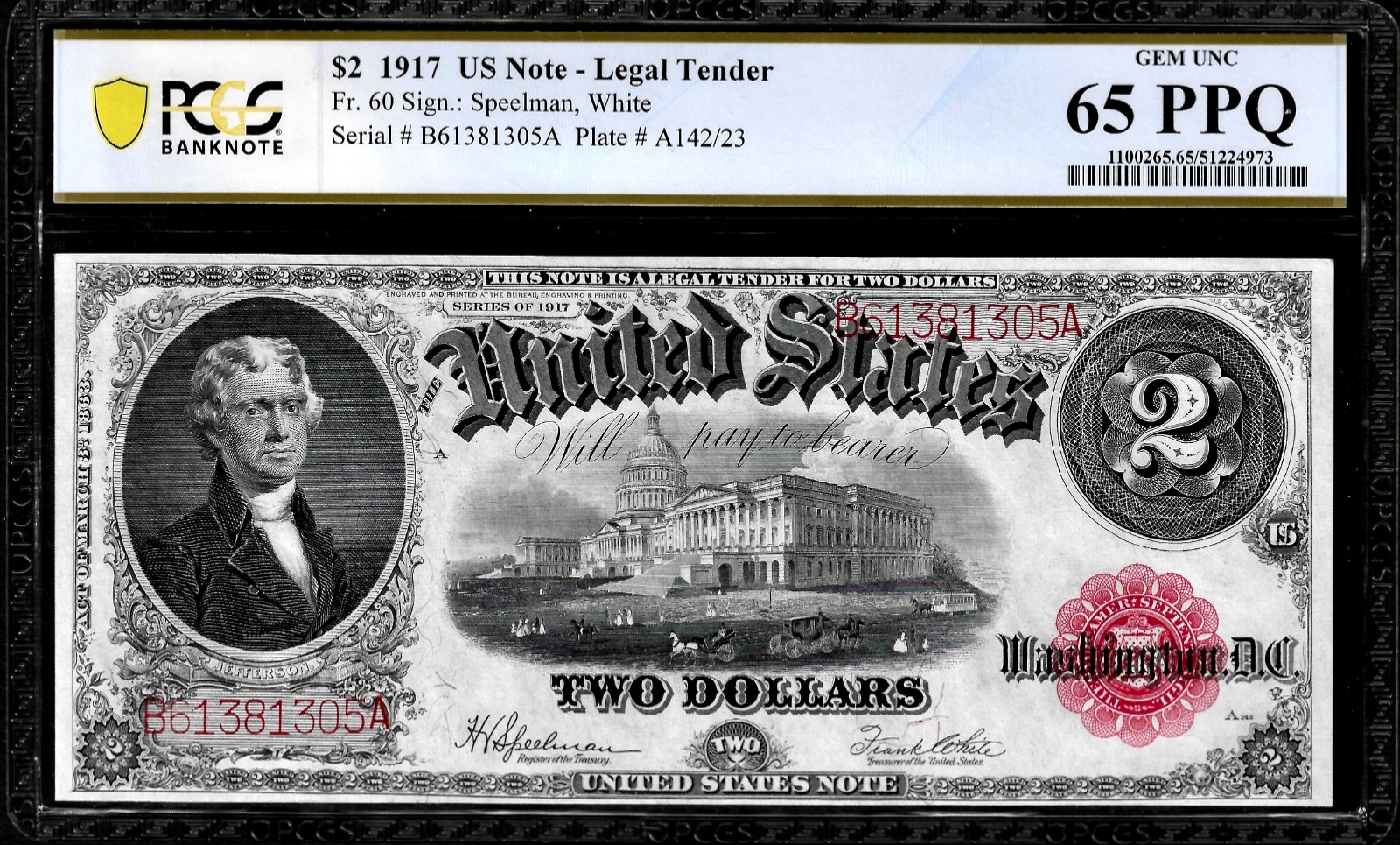 Ultra PQ 1917 US Large Size Legal Tender Deuce $2 Note Fr. 60 PCGS Gem 65PPQ