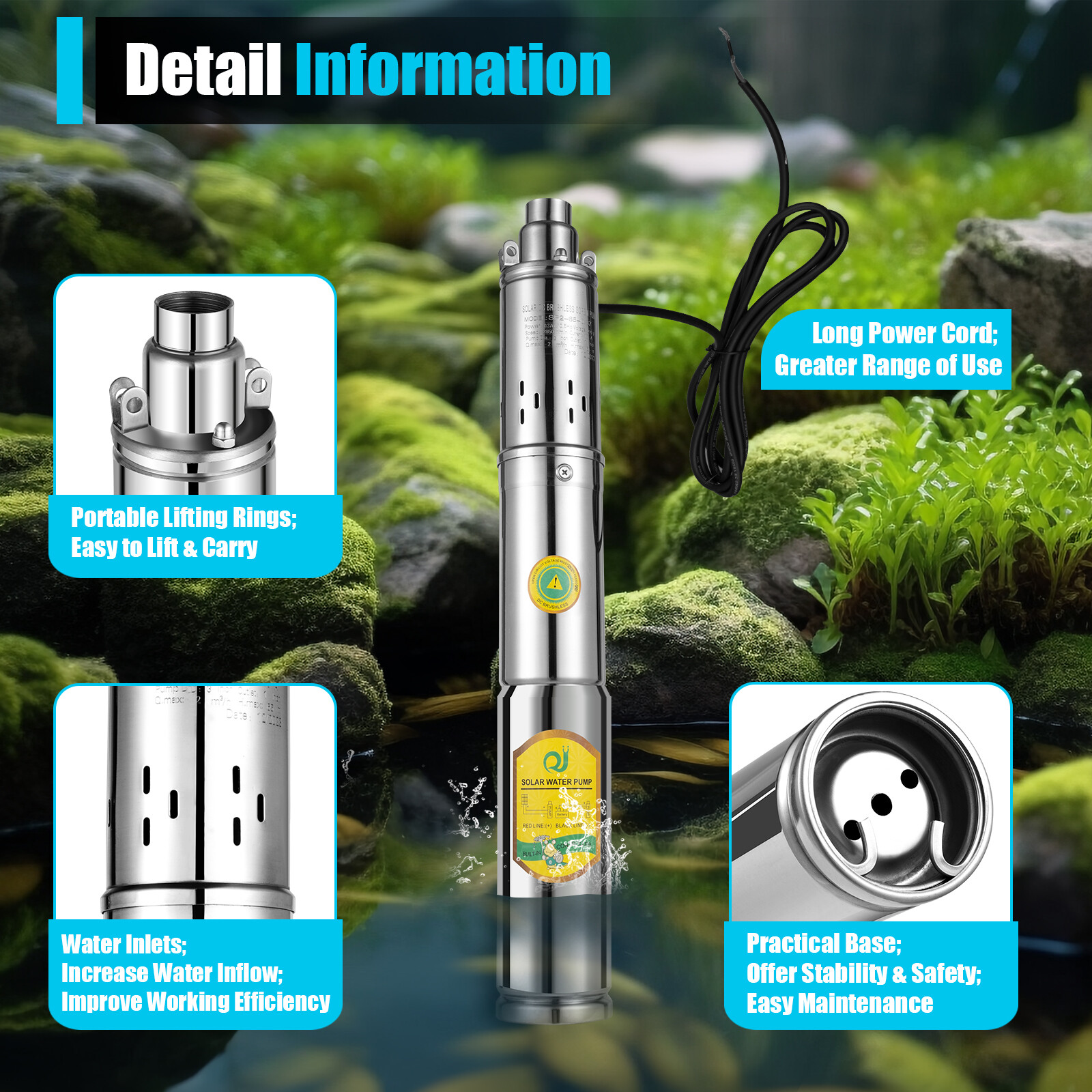 24V 370W Solar Water Pump Deep Well Solar Submersible Pump head 65m stainless US