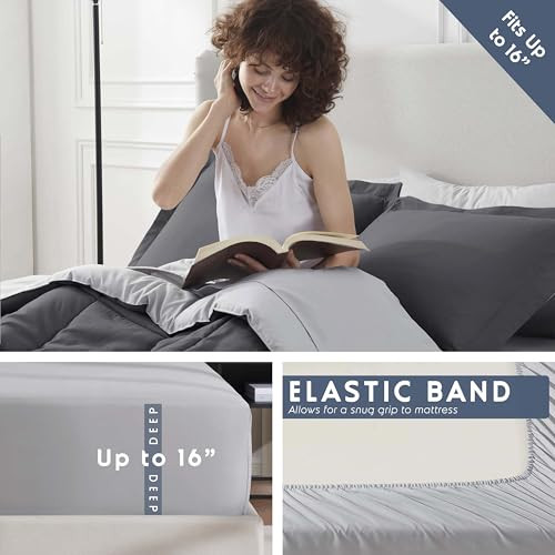 King Size Comforter Set 7 Pieces - Reversible King Comforter Set Dark Grey,