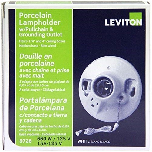 Leviton 09726-00C White Porcelain Incandescent Medium Base Pull Chain Socket
