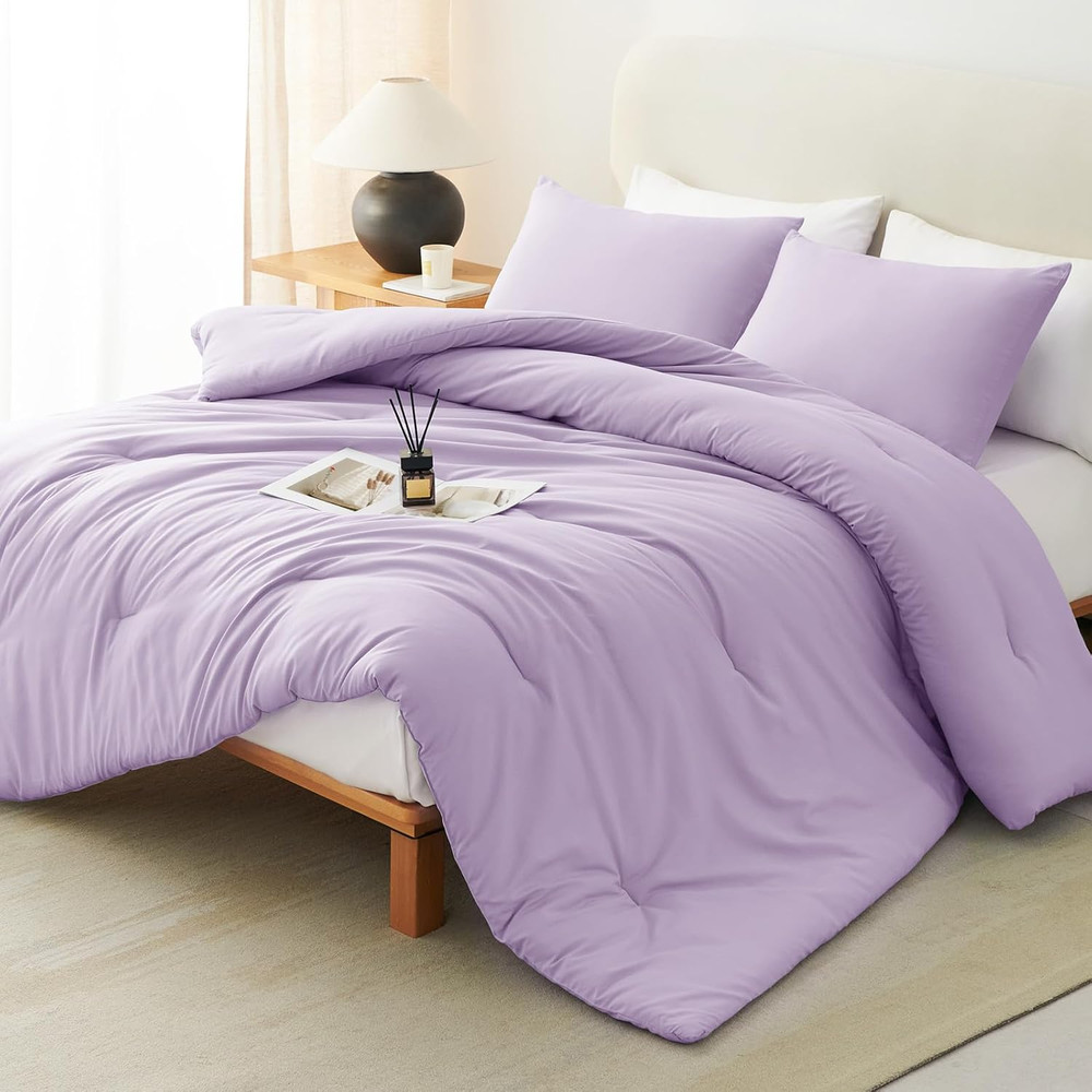 Lavender King Size Comforter Set, 3 Pieces Light Purple Solid Breathable Quilted
