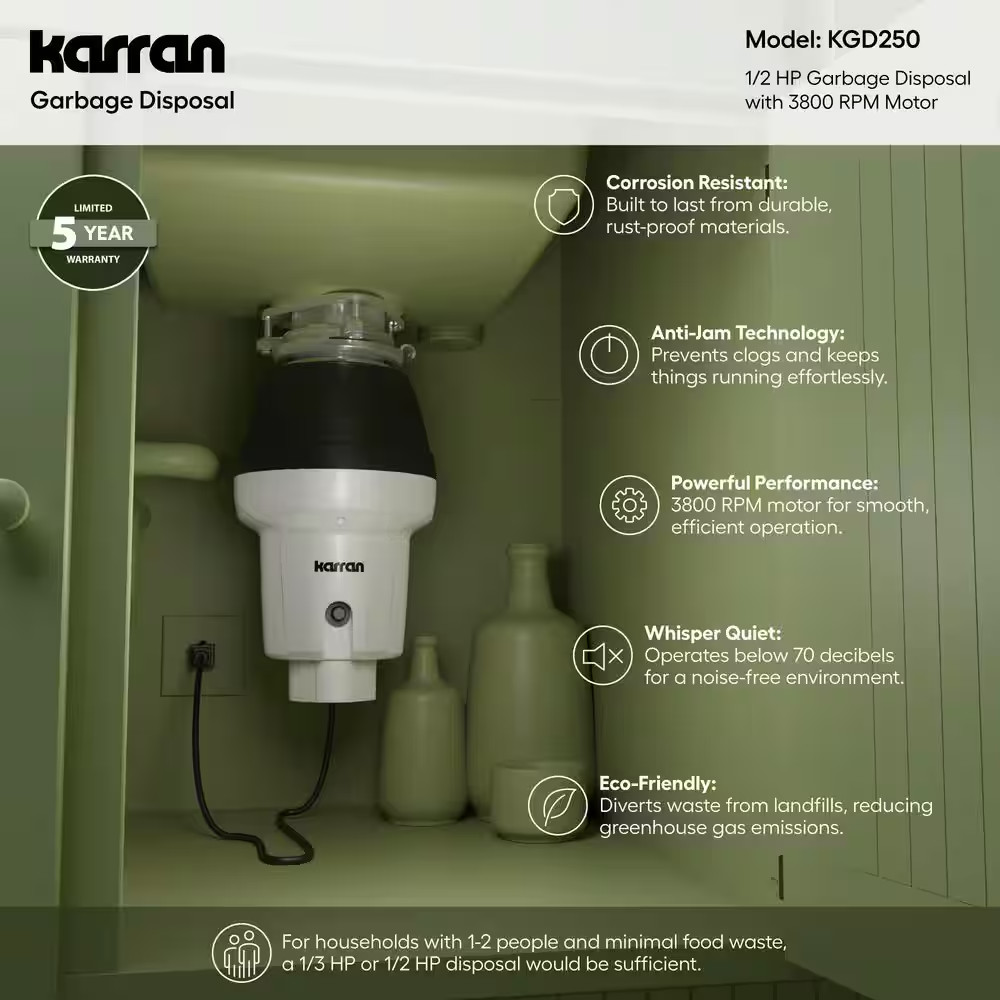 1/2 HP Continuous Feed Garbage Disposal with Power Cord