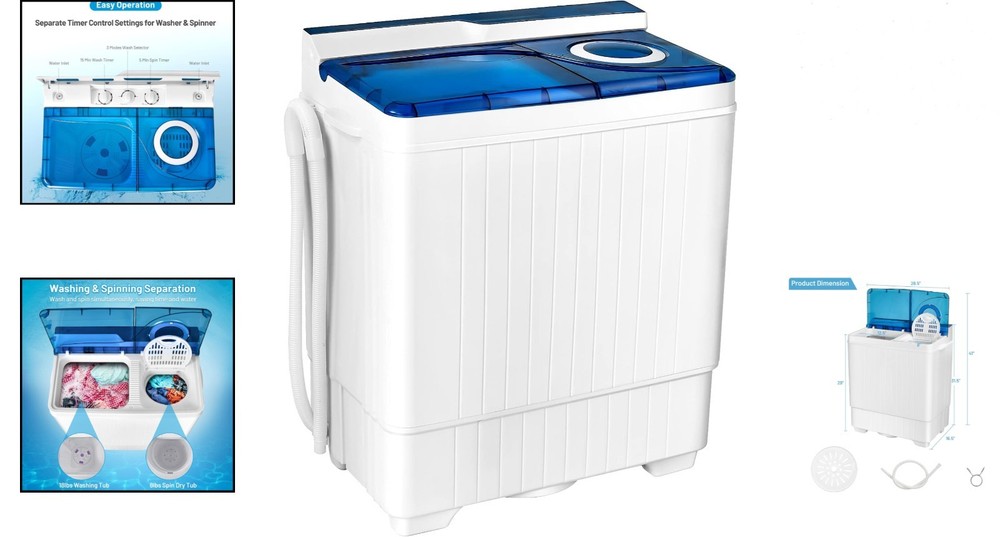 Portable Full-Automatic Top Load Washing Machine, 26lbs Capacity - Blue & White