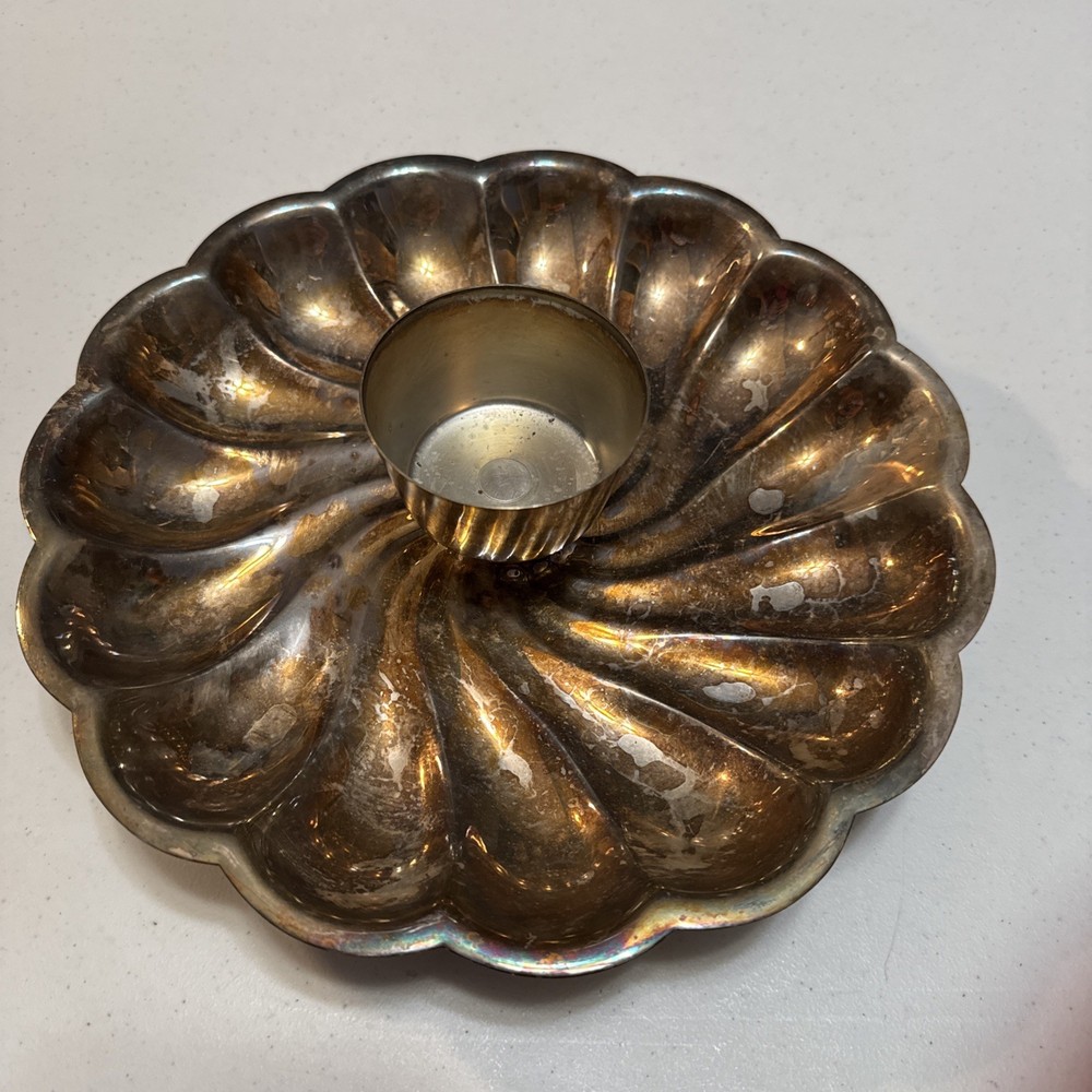 Vintage Silverplate Scalloped Round Shrimp Footed Tray w/ Dip Cup; 11"