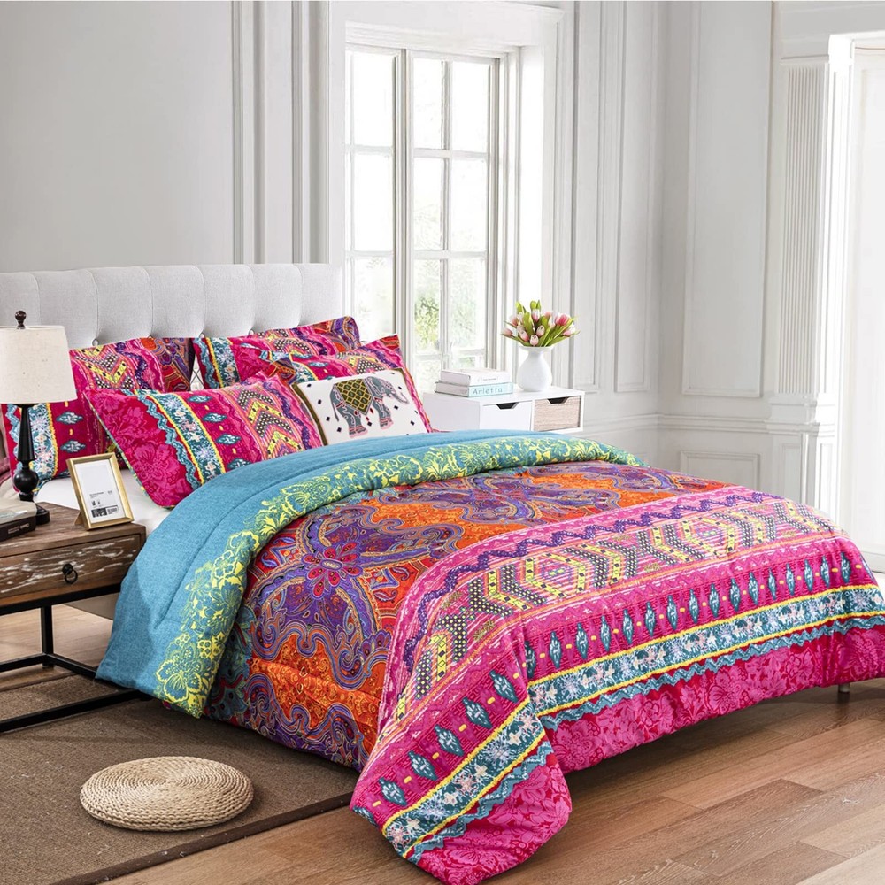WONGS BEDDING Bohemain Comforter Set King, Microfiber Reversible Boho Alterna...