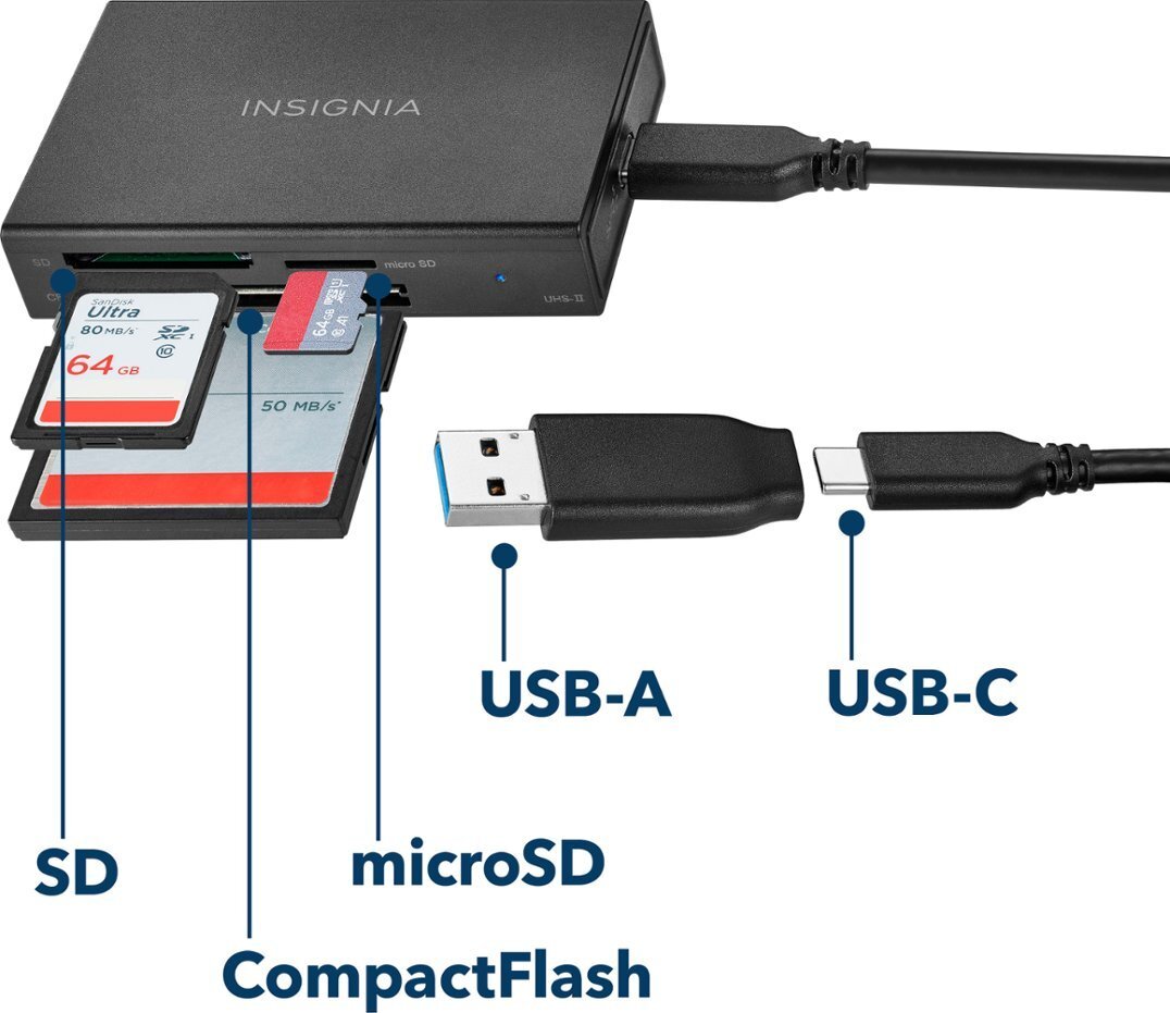 Insignia USB C to SD microSD CompactFlash Memory Card Reader ios android windows