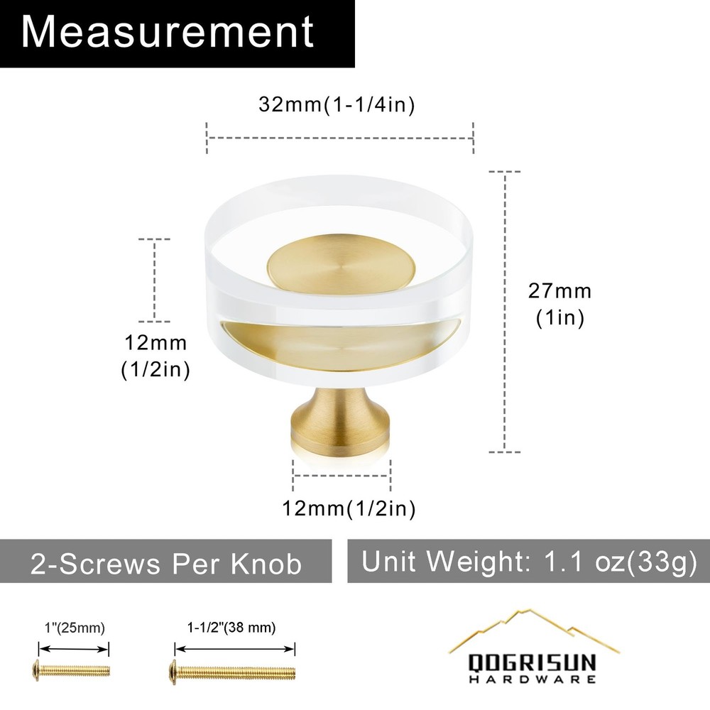 20 Pack Gold Cabinet Knobs, 1-1/4" Round Clear Glass and Brass Drawer Knobs, ...