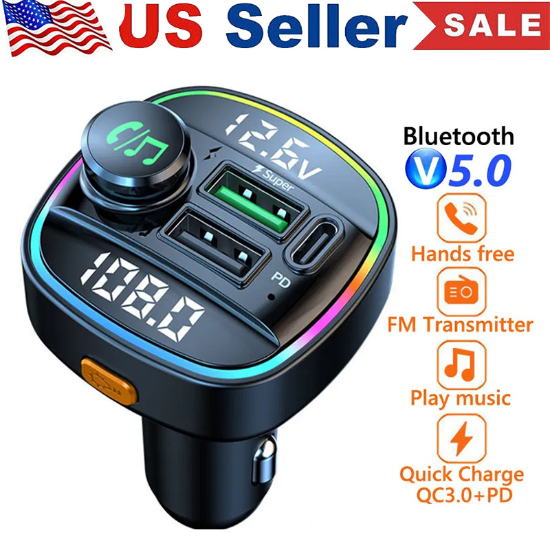 Bluetooth 5.0 Car Wireless FM Transmitter Adapter USB PD Charger AUX Hands LOT