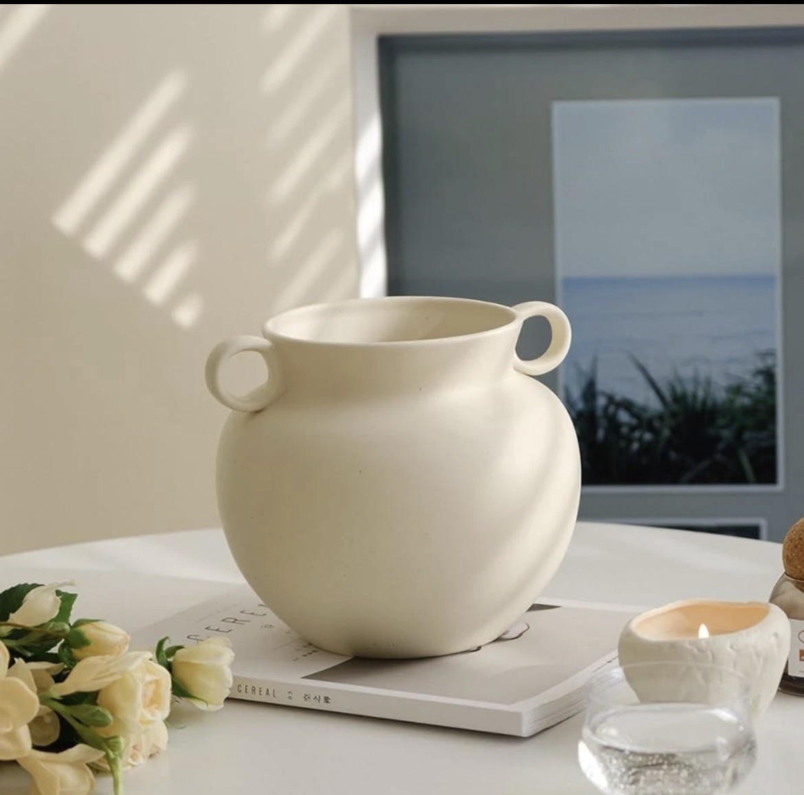 Round-Shape with Ear Wide Mouth Vase, Honey Pot-Shaped Decorative Plant Pot, ...