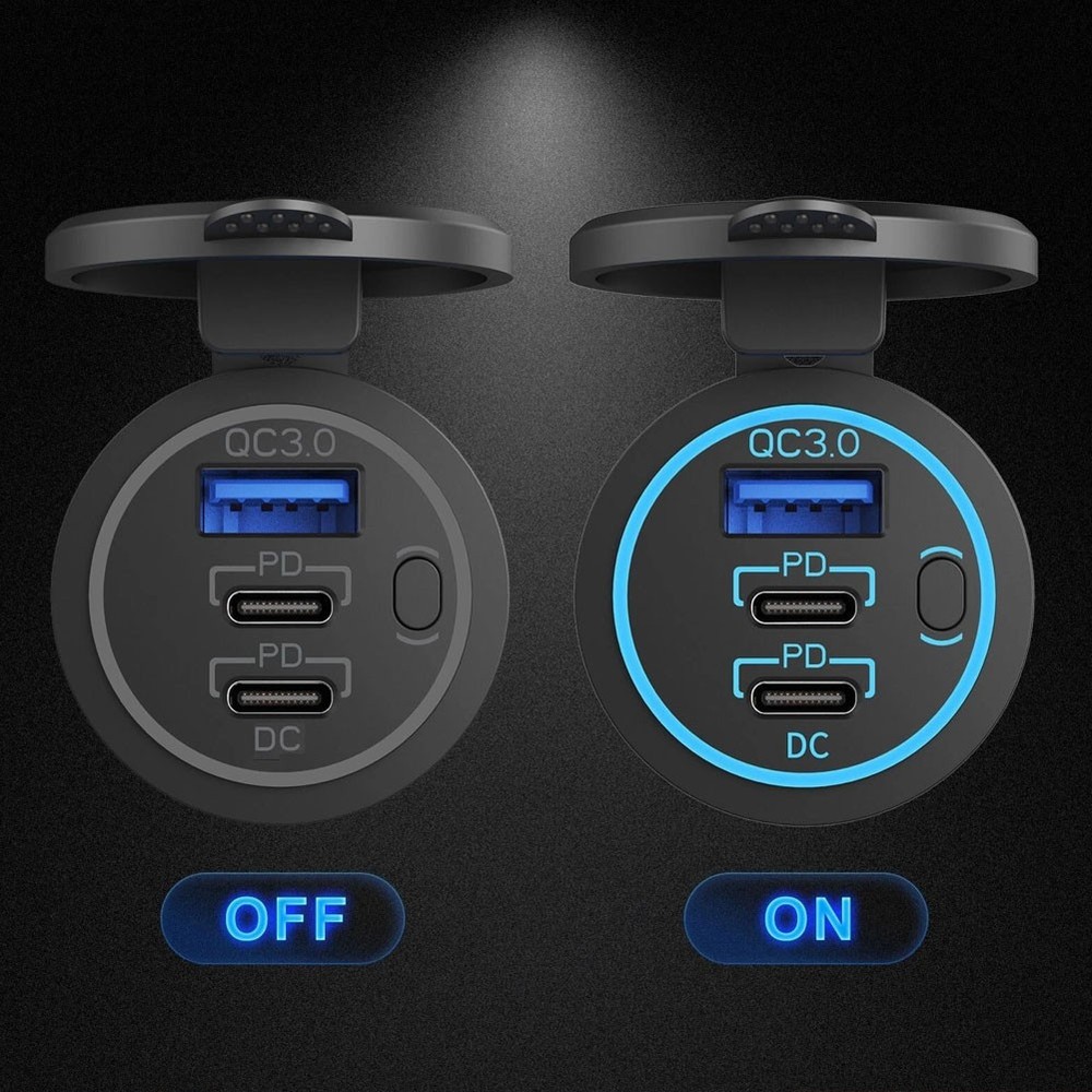 2PCS Car Charger Socket Multiple USB Outlet PD USB-C QC3.0 Ports with Switch