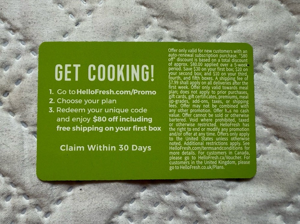 Hello Fresh HelloFresh.com $80 Gift Card (over a 5 week period)