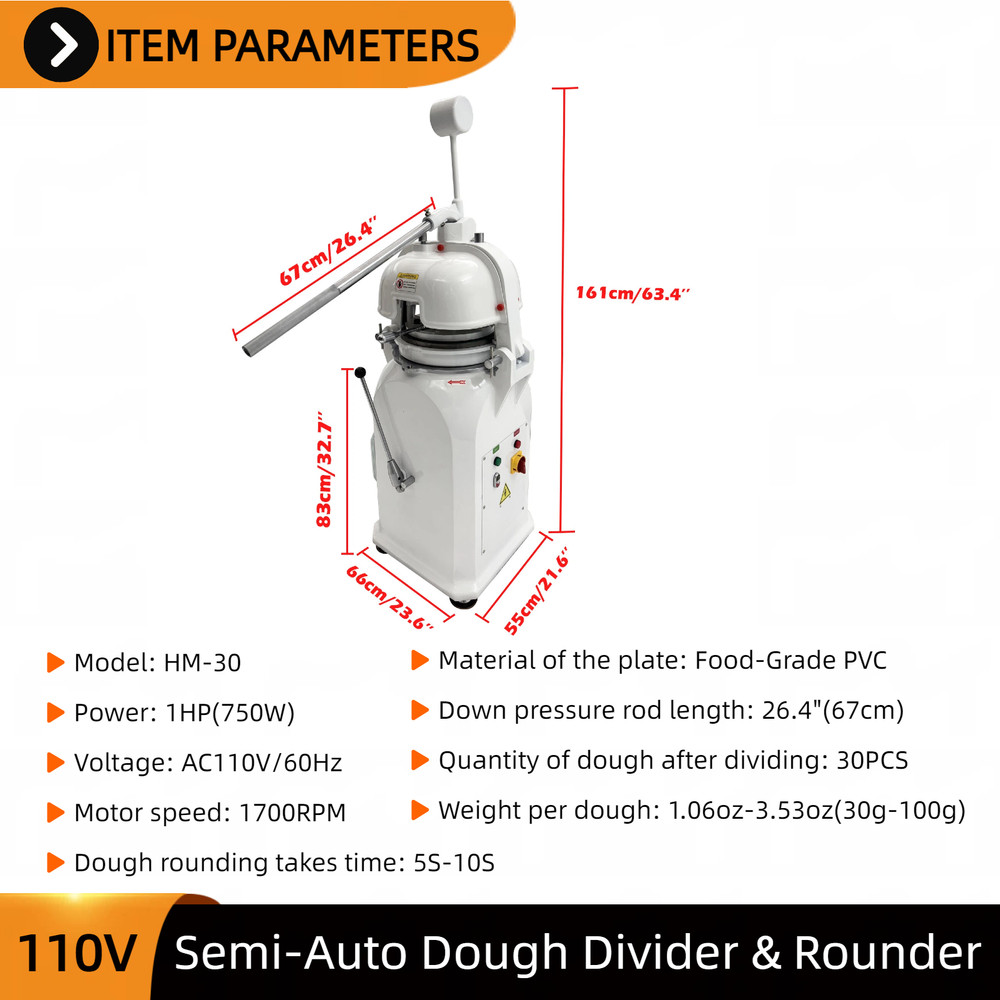 30-Blocks Dough Divider Rounder Semi-Automatic Commercial Baking Machine 30-100g