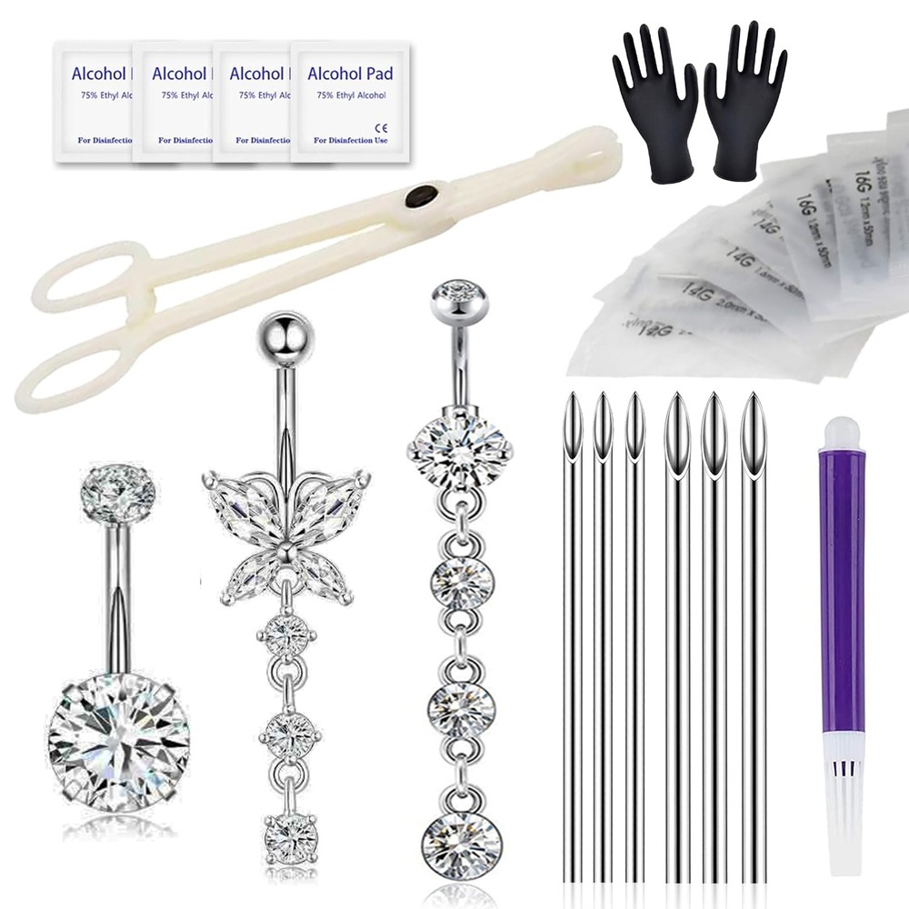 Yugui Belly Button Piercing Kit 17PCS - Body Needle kit, Silver