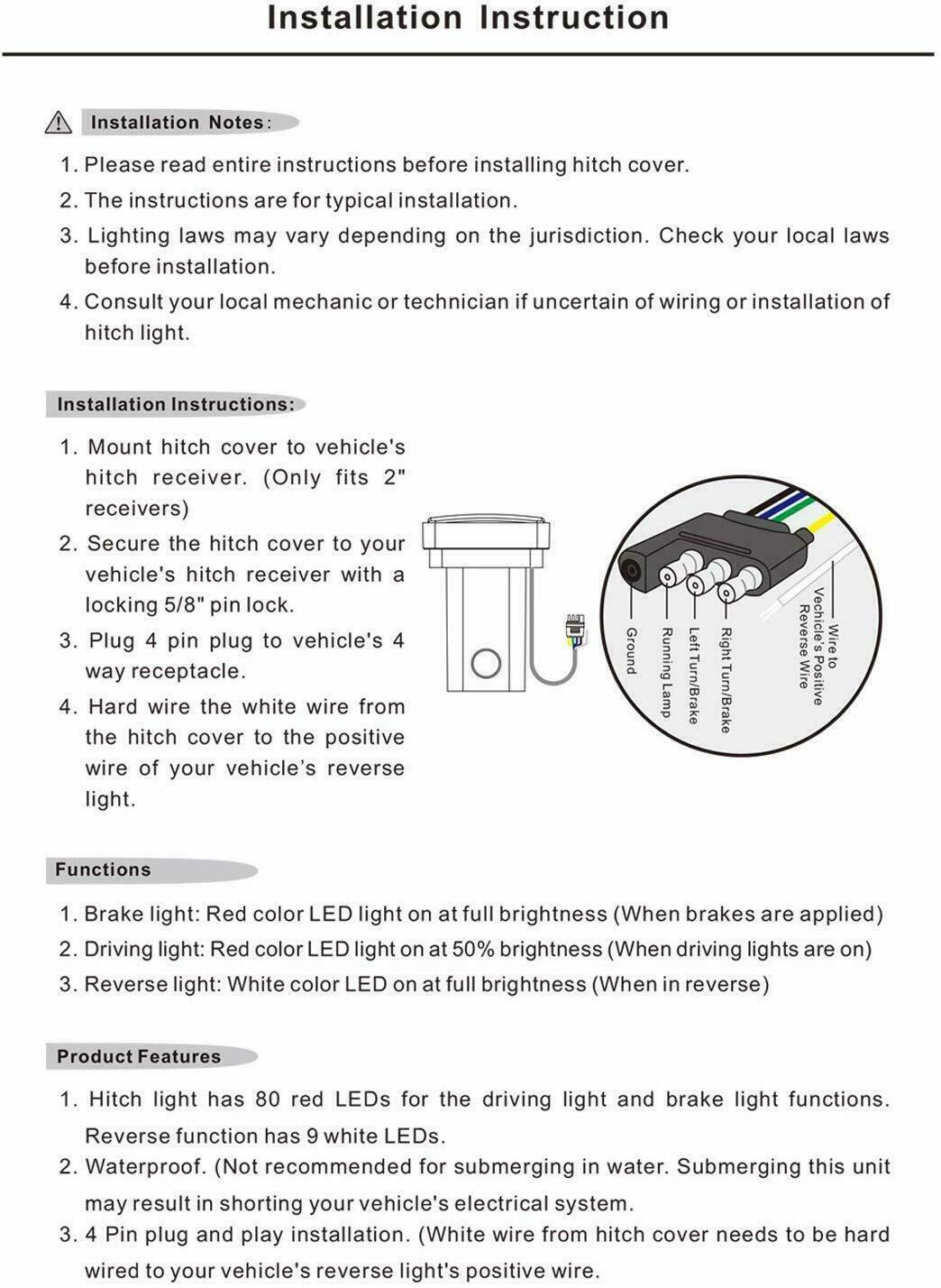 Universal LED Tow Hitch Driving & Brake Lamp Reverse Light Fits 2" for Truck SUV