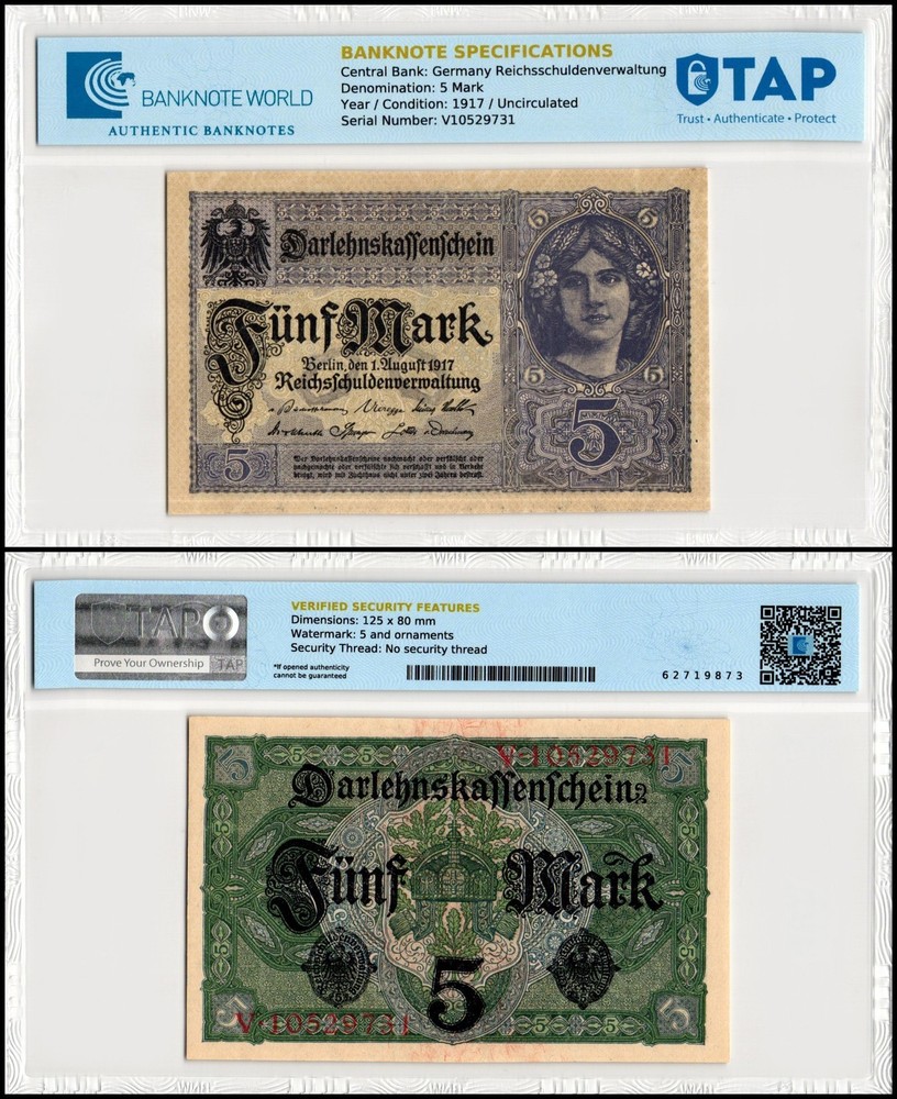 Germany 5 Mark, 1917, P-56a, UNC, TAP Authenticated