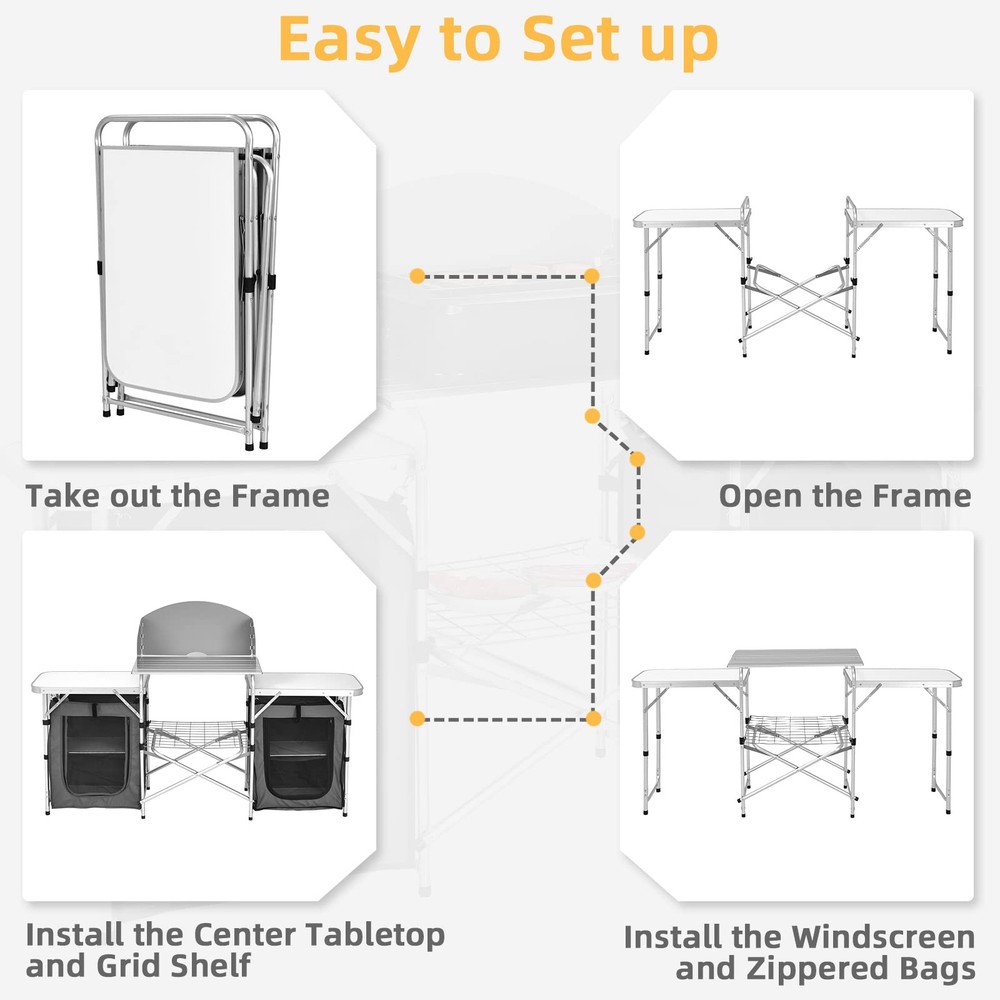 Camping Kitchen Station, Folding Grill Table with 26'' Tabletop, 2 Side Table...