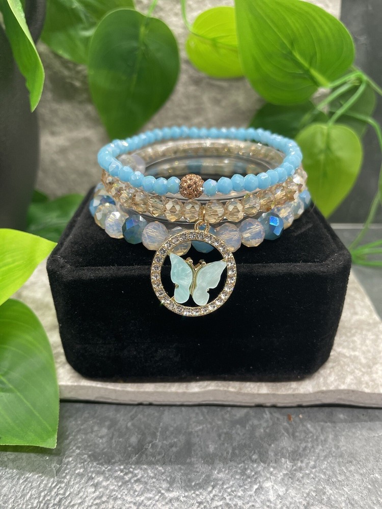 3 PC Handmade Bead Stackable 6.5” Plus Stretch Bracelet Set New Butterfly A2131