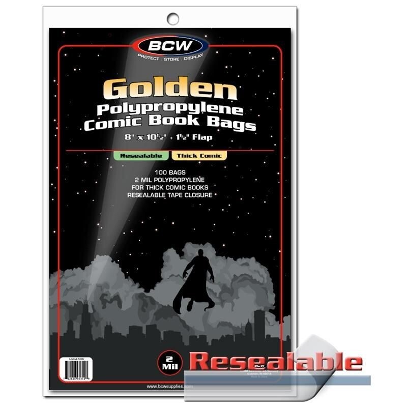 100 Golden Age Thick Comic Book Bags Resealable 2 Mil Thin Sleeve BCW Holders
