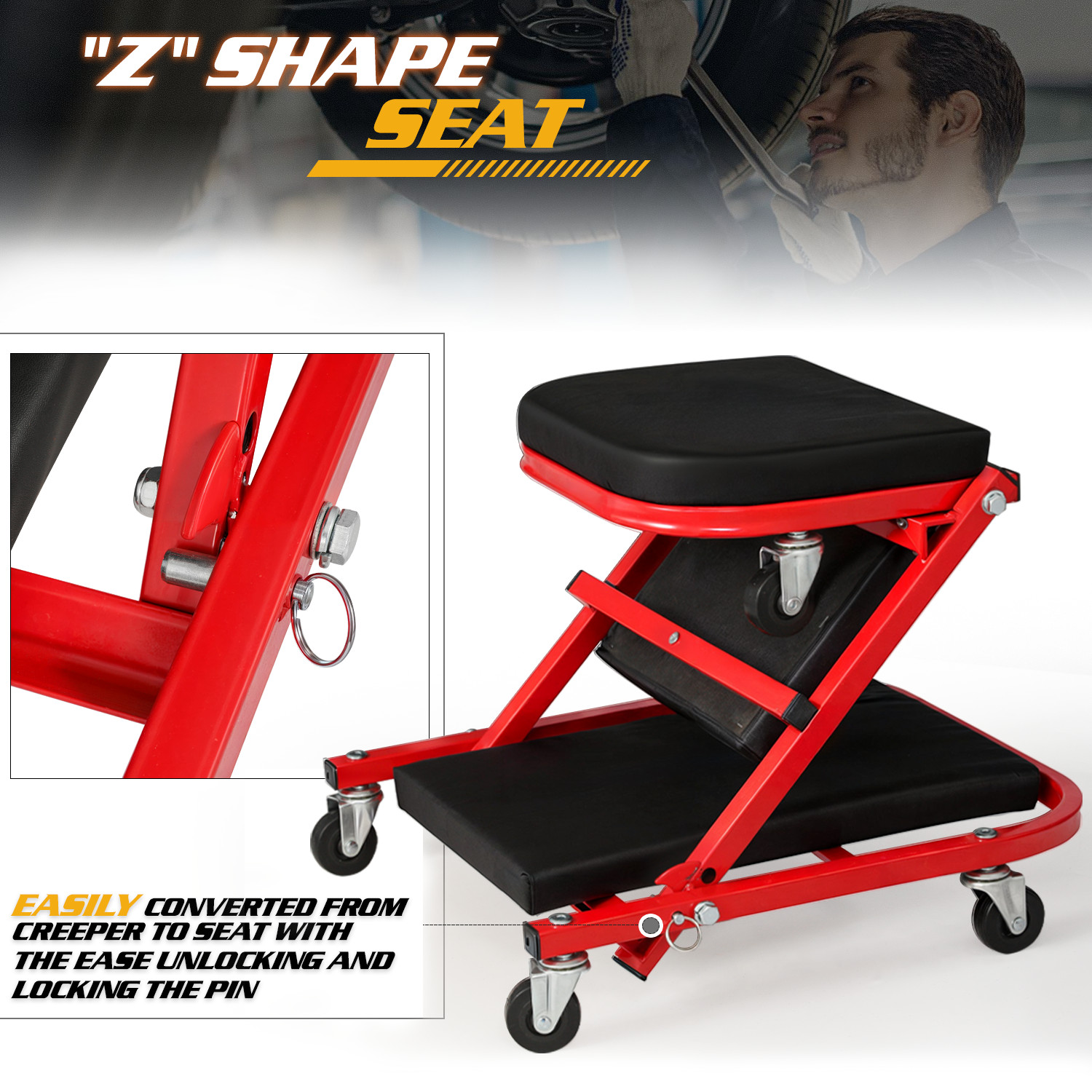 36" Red[FOLDABLE CREEPER+UPHOLSTERED SEAT]Rolling Mechanic Vehicle Repair Stool