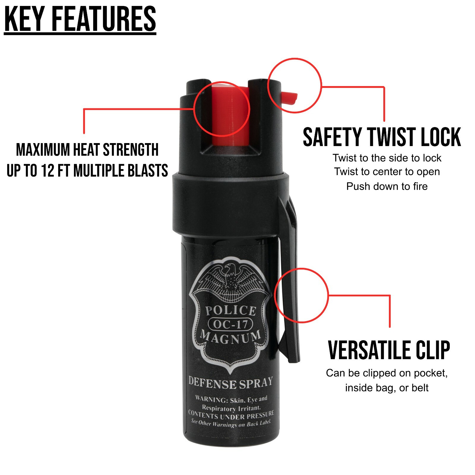 Police Magnum pepper spray .50oz pocket clip self defense security protection OC