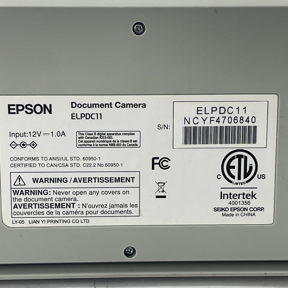 Epson ELPDC11 Document Camera No Cords No Remote