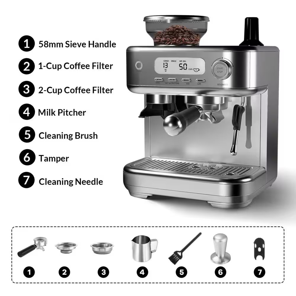 2 Cup Stainless Steel Digital Display Semi-Automatic Espresso Machine with Built