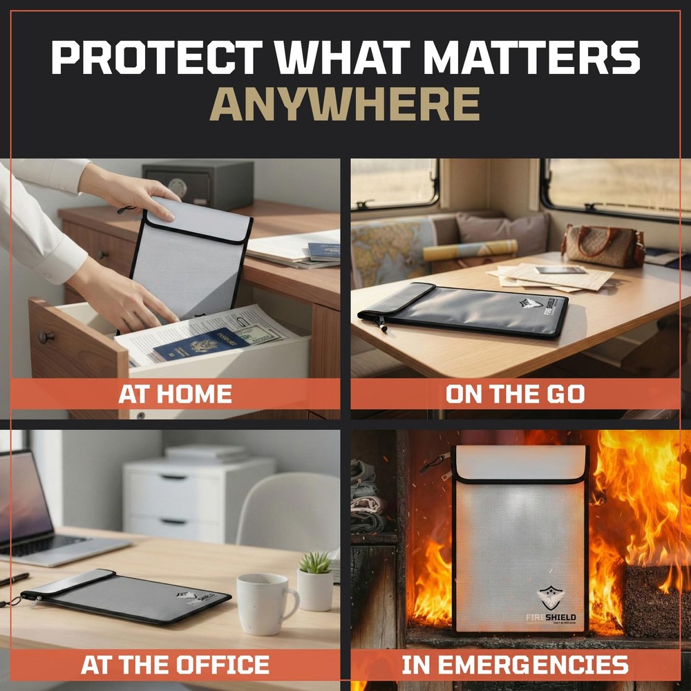 FIRESHIELD PRO Upgraded 2000°F Fireproof Document Bag w/ Large, Matte Silver