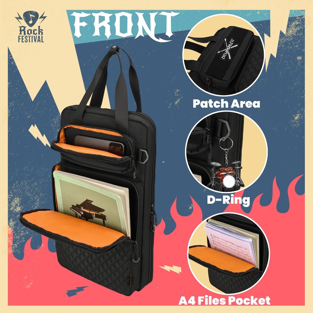 Drum Stick Bag with Hanging Hooks, Drum Mallet Storage with Adjustable Should...
