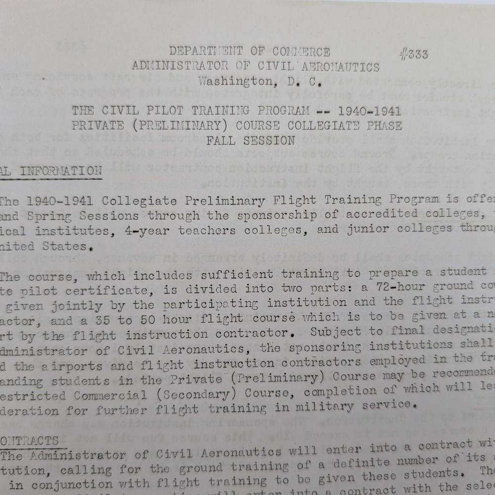 1940-1941 Civil Pilot Training Program Document Washington DC Aviation #333