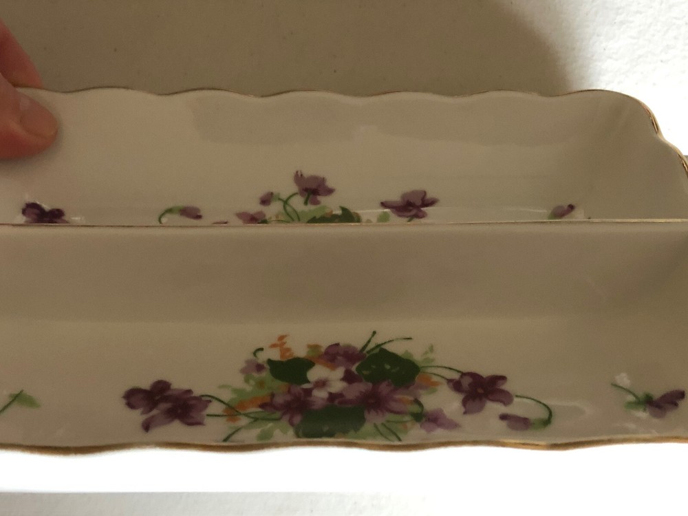 VTG PORCELAIN SWEET VIOLETS DIVIDED RECTANGULAR DOUBLE HANDLE DISH JAPAN 8”