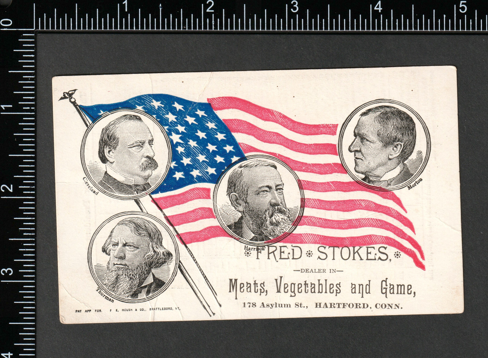 Pres. Grover Cleveland 1884 Election Fred Stokes Hartford CT Flag Adv Trade Card