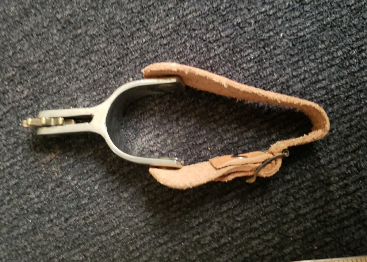 Single Small Kids Western Cowboy Spur Chrome and Brass Tooled Leather