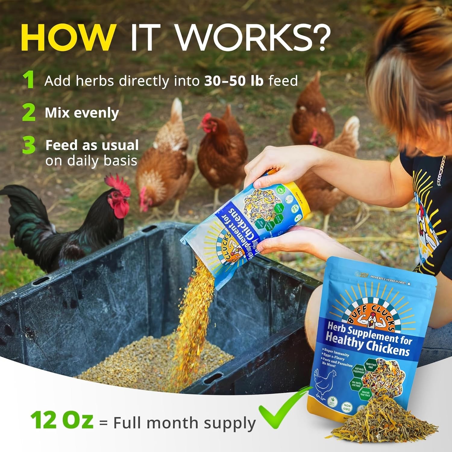 Buff Clucks Herb Supplement for Backyard Chickens for Daily Wellness - USA