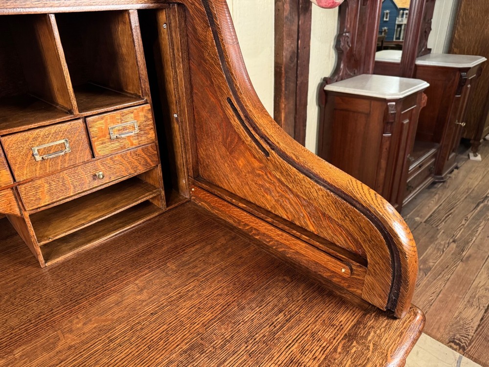 Antique Oak 50" Raised Panel S-Roll Top Desk with Carved Pulls