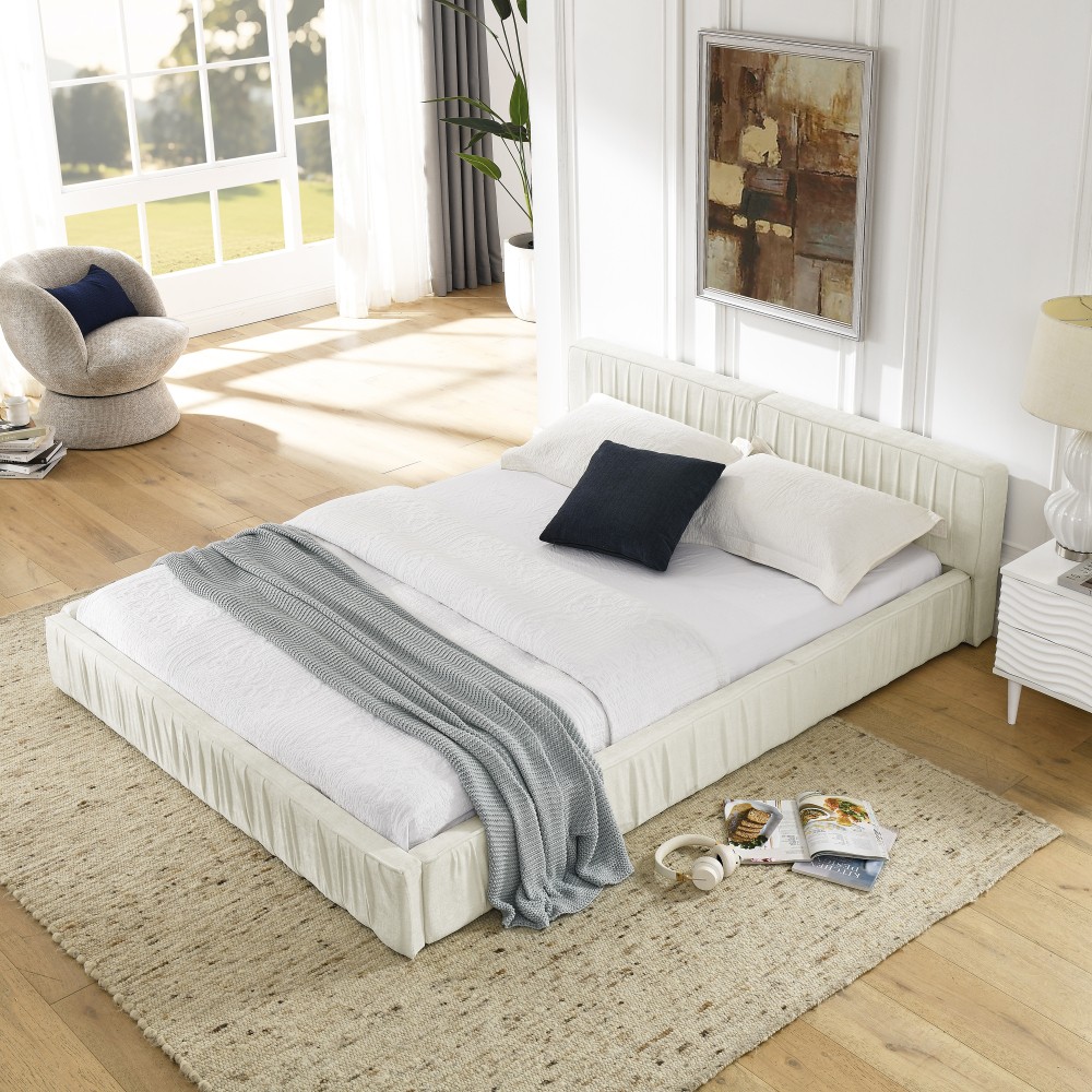Queen Upholstered Bed Frame w/ Headboard & Platform Base, Beige