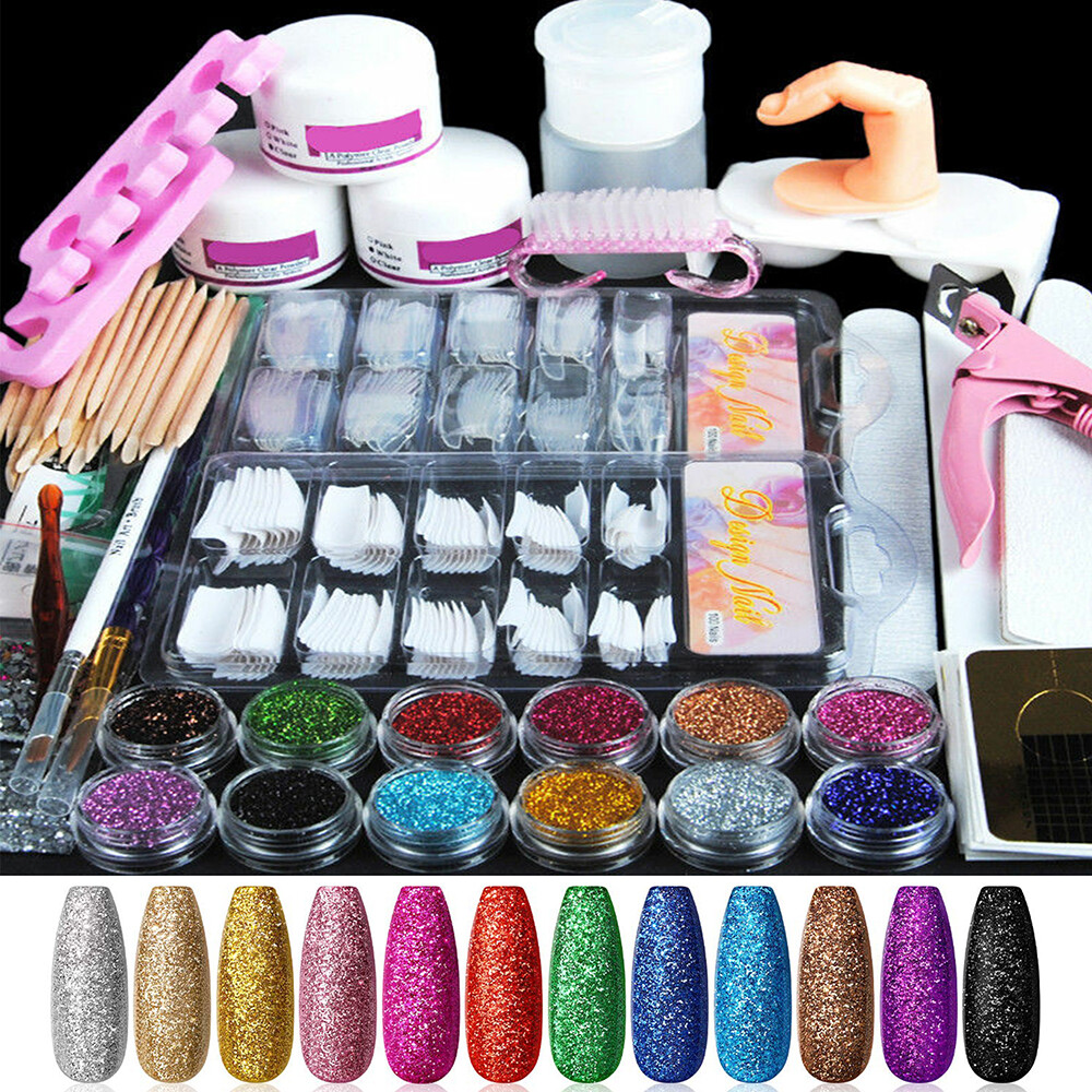 NEW Full Natural Acrylic Nail Art Kit Glitter Powder Manicure Set Brush Tools US