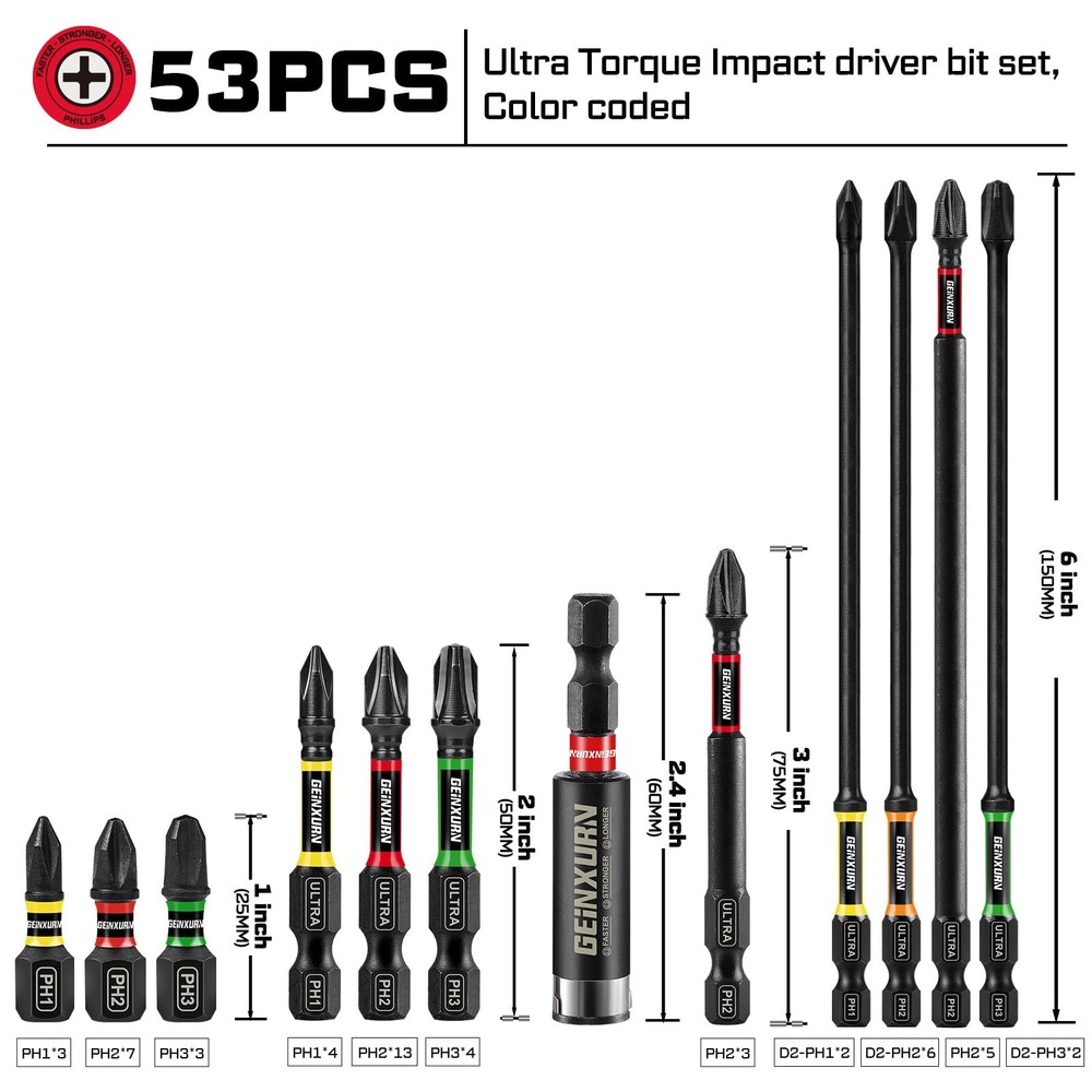 52pcs Impact #1#2#3 Phillipes Screwdriver Bits Set, 1” 53pcs-Mix-PH