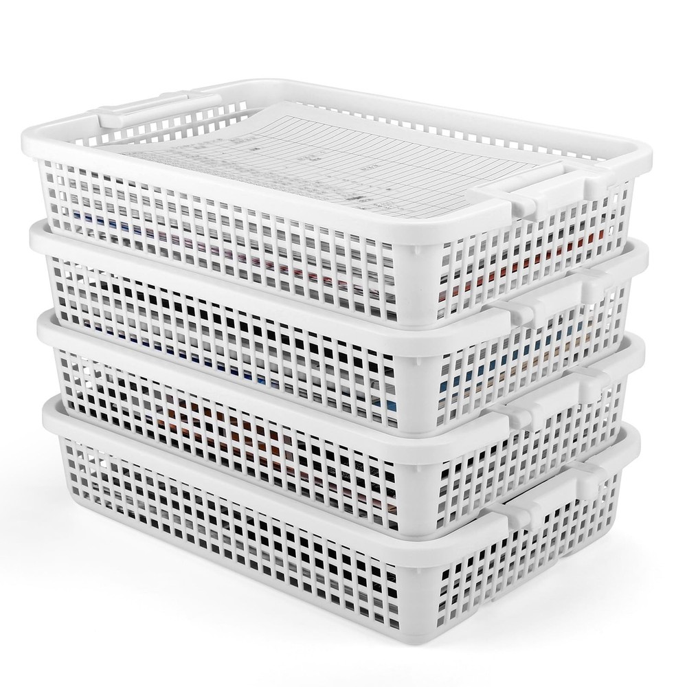 4 Pack Plastic Basket for Organizing, Stackable A4 Paper Trays with Handle, T...