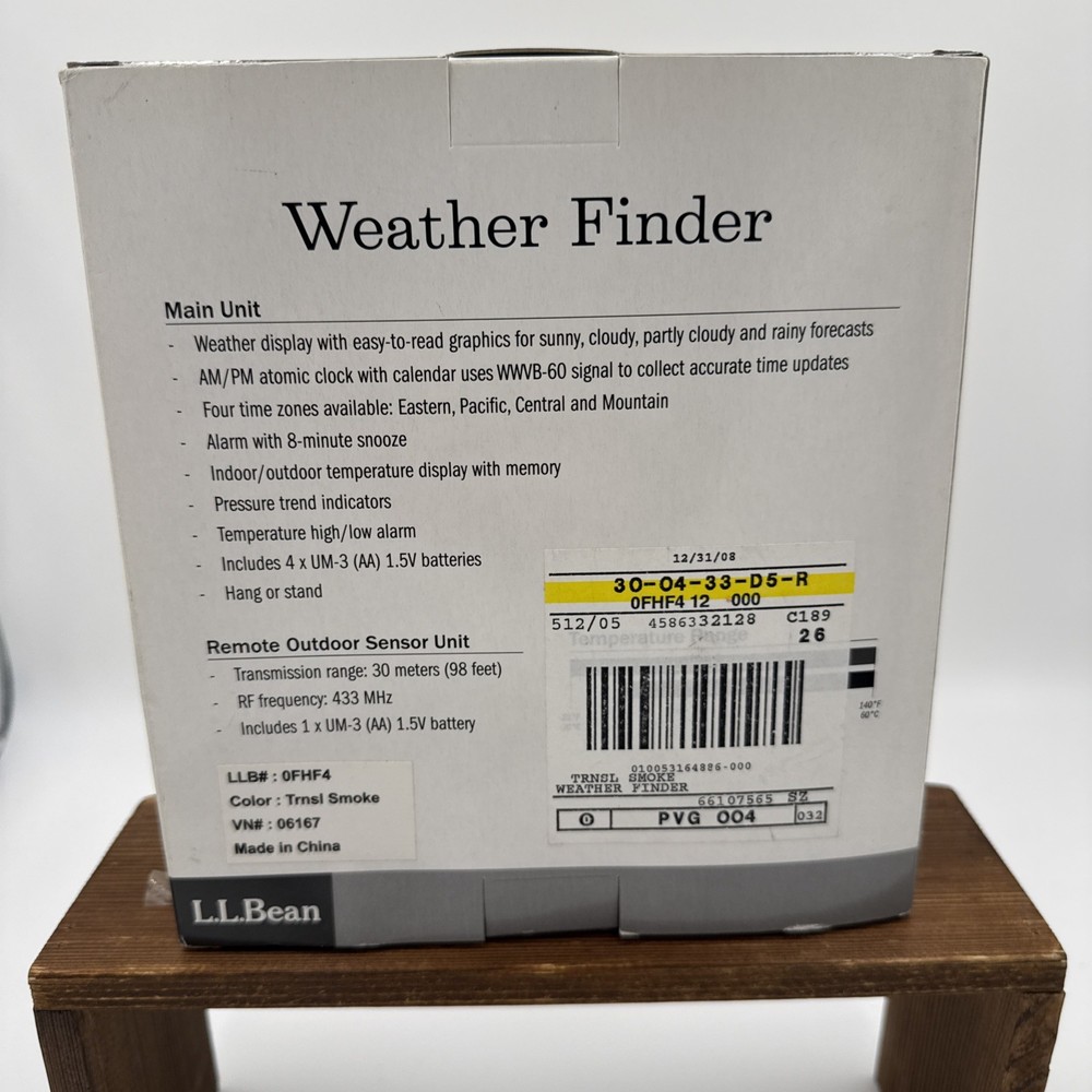 LL Bean Wireless Weather Finder, New / Open Box, Station & Sensor, Atomic Clock