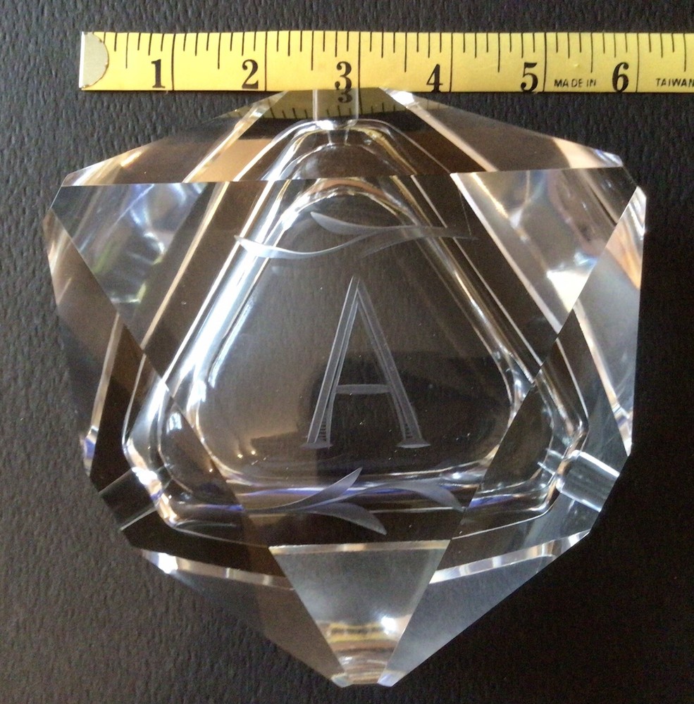 Mid Century Modern 6” Geometric Triangular Crystal Ashtray Engraved No Chips