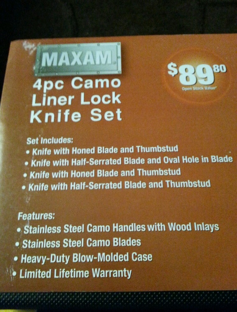 Maxam 4pc camo liner lock knife set