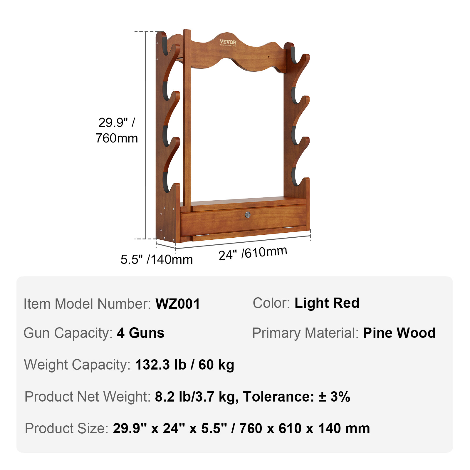 VEVOE Gun Rack 4-Slot Wood Gun Rack Wall Mount Gun Display Rack holds 4 Rifles